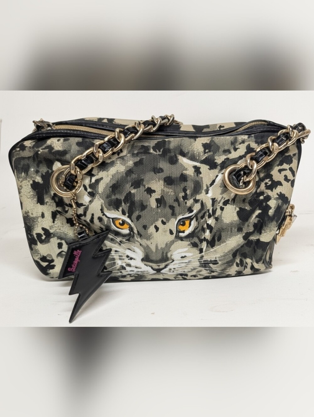 Betseyville by Betsey Johnson Leopard Face Shoulder Bag with Gold Chain